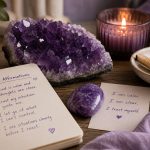 Still life scene with an amethyst geode, polished amethyst stone, candle, and handwritten affirmations on a wooden table in warm soft light