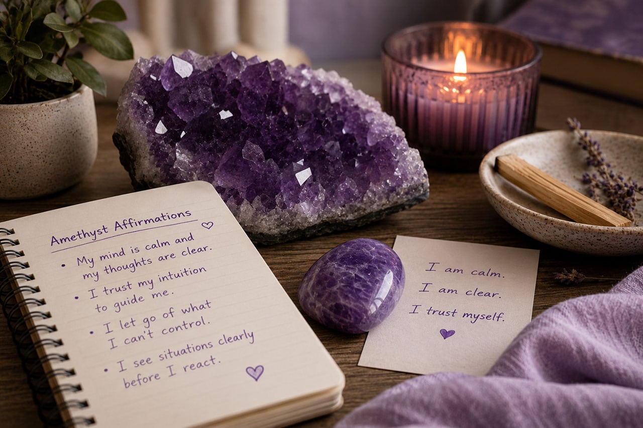 Still Life Scene With An Amethyst Geode, Polished Amethyst Stone, Candle, And Handwritten Affirmations On A Wooden Table In Warm Soft Light
