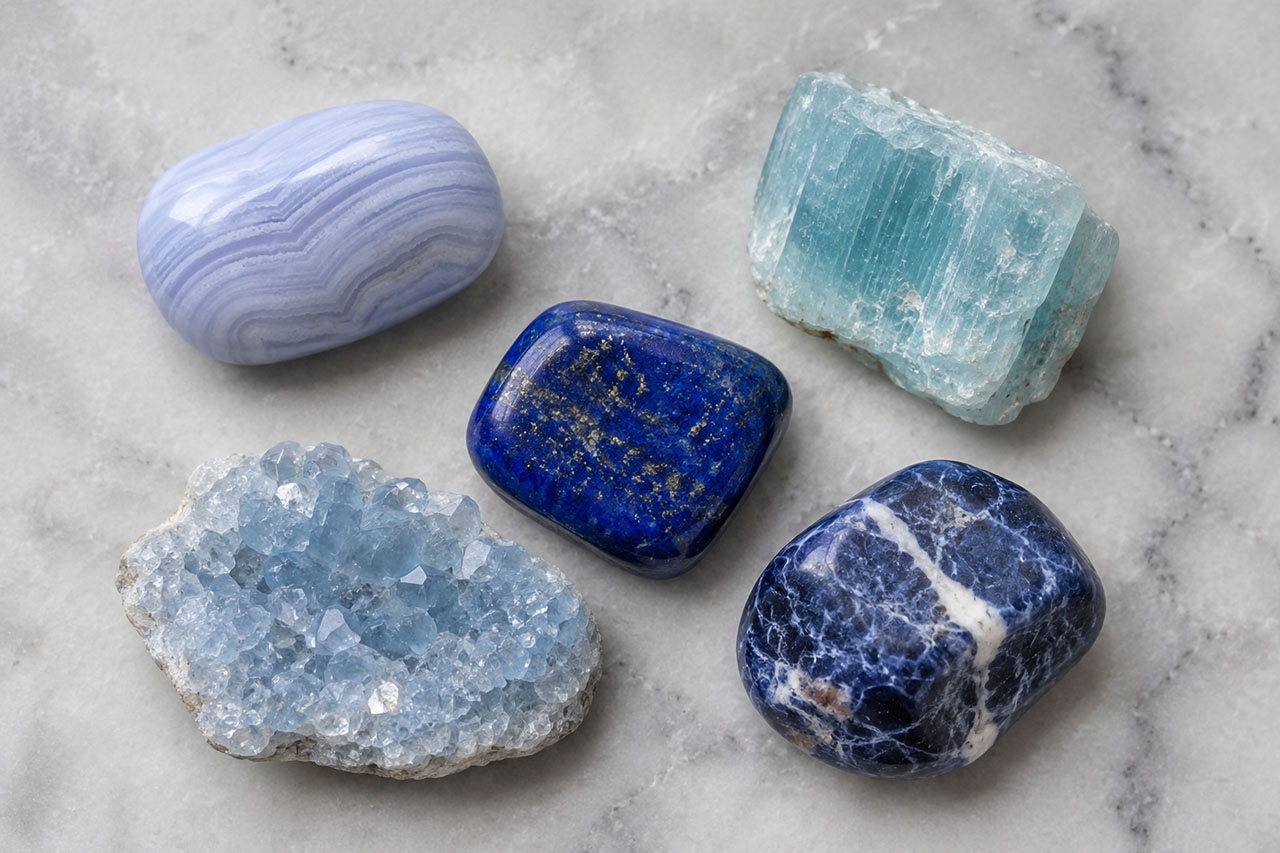 Variety of polished and raw blue and green crystals on marble surface.