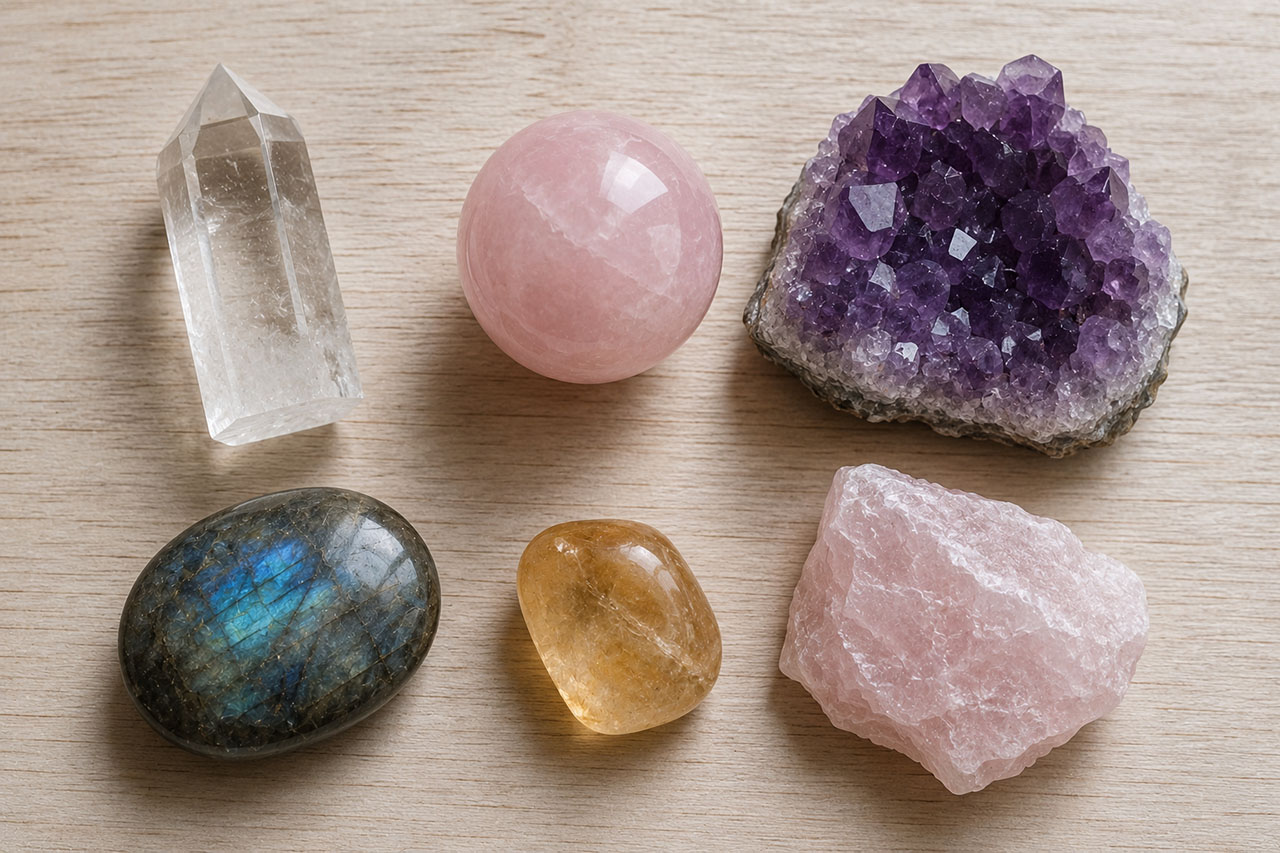Assorted healing crystals including quartz, rose quartz, amethyst, labradorite, citrine, and rose quartz