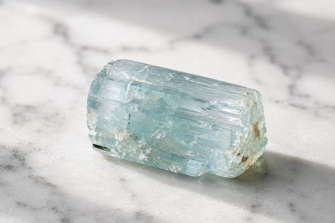 Aquamarine crystal from Crystalance on marble surface.