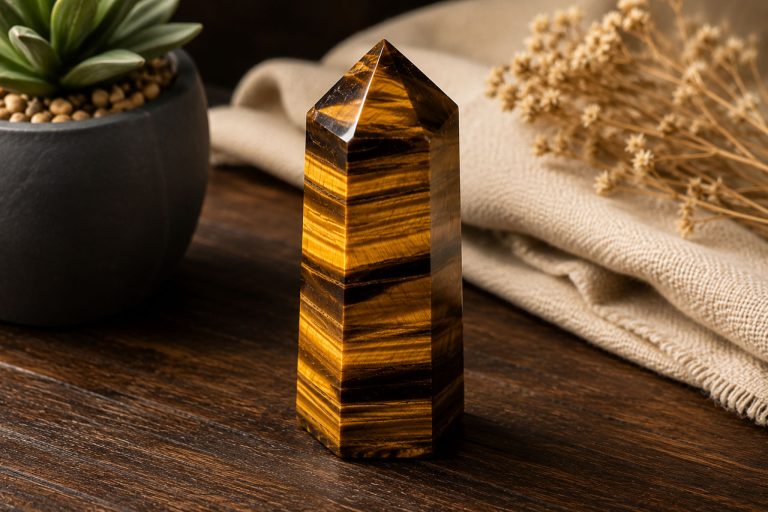 Tiger's Eye crystal obelisk on wooden surface with plants and fabric.