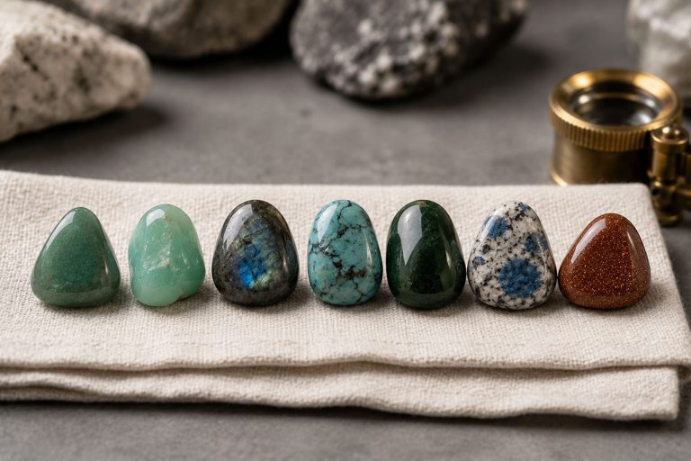 Row of polished crystals on pale linen with a brass loupe on a grey background