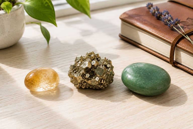 Collection of healing crystals including citrine, pyrite, and green aventurine on a wooden surface.