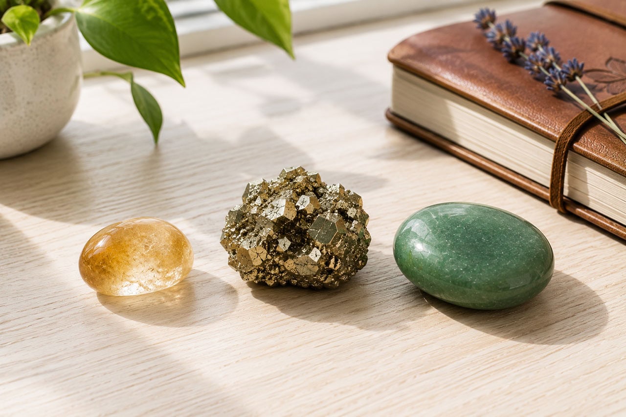 Collection of healing crystals including citrine, pyrite, and green aventurine on a wooden surface.