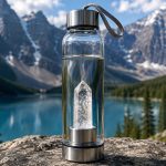Crystal water bottle with clear quartz on a rock overlooking alpine mountains and lake