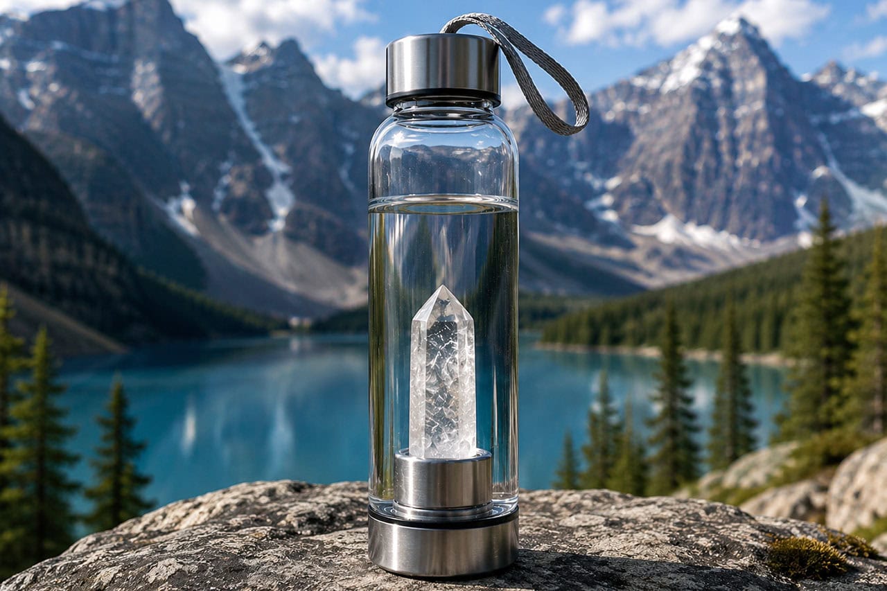 Crystal Water Bottle With Clear Quartz On A Rock Overlooking Alpine Mountains And Lake
