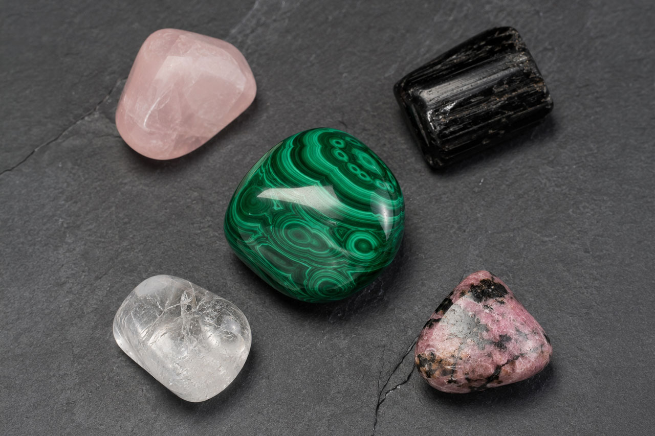 A Tumbled Malachite At Center Surrounded By Companion Stones — Rose Quartz, Black Tourmaline, Clear Quartz, Rhodonite