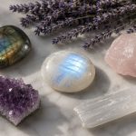 A moonstone cabochon showing adularescence at center surrounded by companion crystals — labradorite, rose quartz, amethyst, selenite