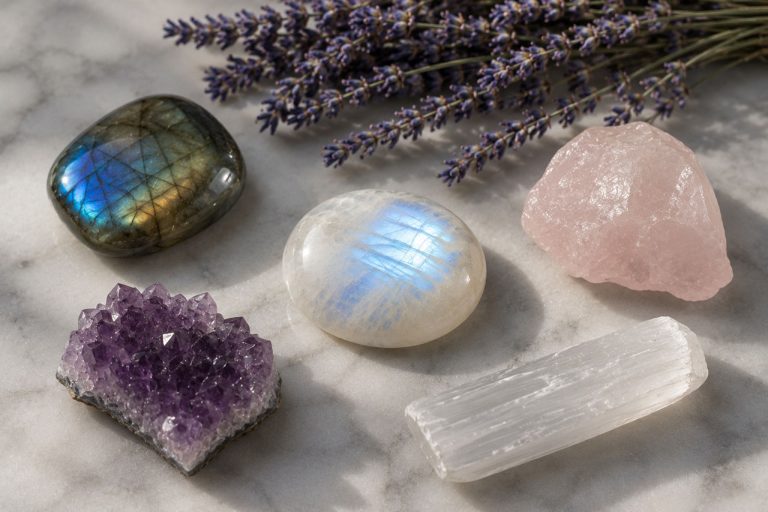 A moonstone cabochon showing adularescence at center surrounded by companion crystals — labradorite, rose quartz, amethyst, selenite