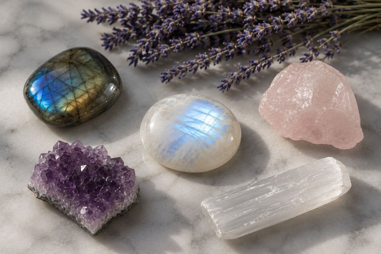 A Moonstone Cabochon Showing Adularescence At Center Surrounded By Companion Crystals — Labradorite, Rose Quartz, Amethyst, Selenite