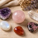 A rose quartz sphere at center surrounded by five companion stones — amethyst, clear quartz, moonstone, carnelian, rhodonite — on a light wooden surface