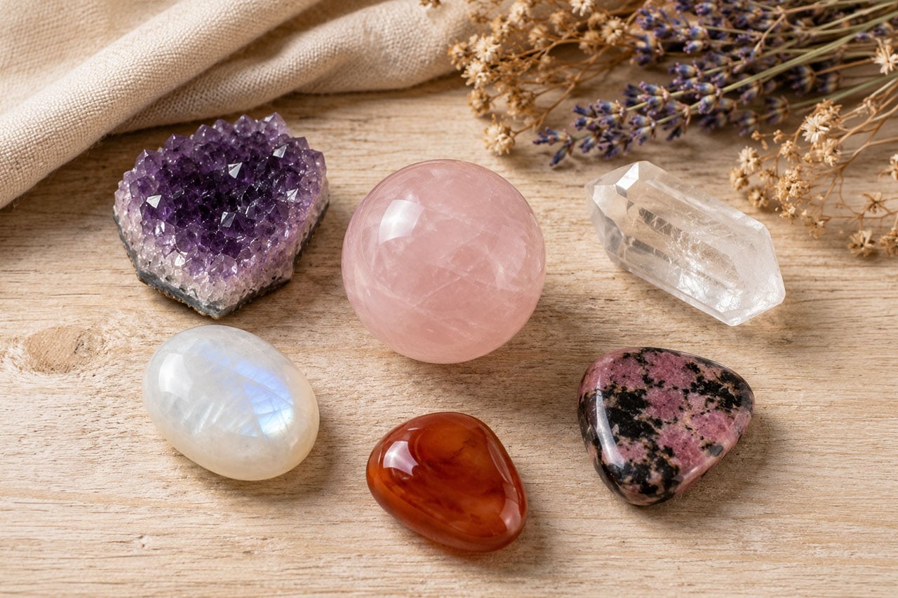 A Rose Quartz Sphere At Center Surrounded By Five Companion Stones — Amethyst, Clear Quartz, Moonstone, Carnelian, Rhodonite — On A Light Wooden Surface