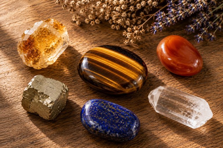 A tiger's eye palm stone at center surrounded by companion crystals — citrine, carnelian, pyrite, lapis lazuli, clear quartz — on a warm wooden surface