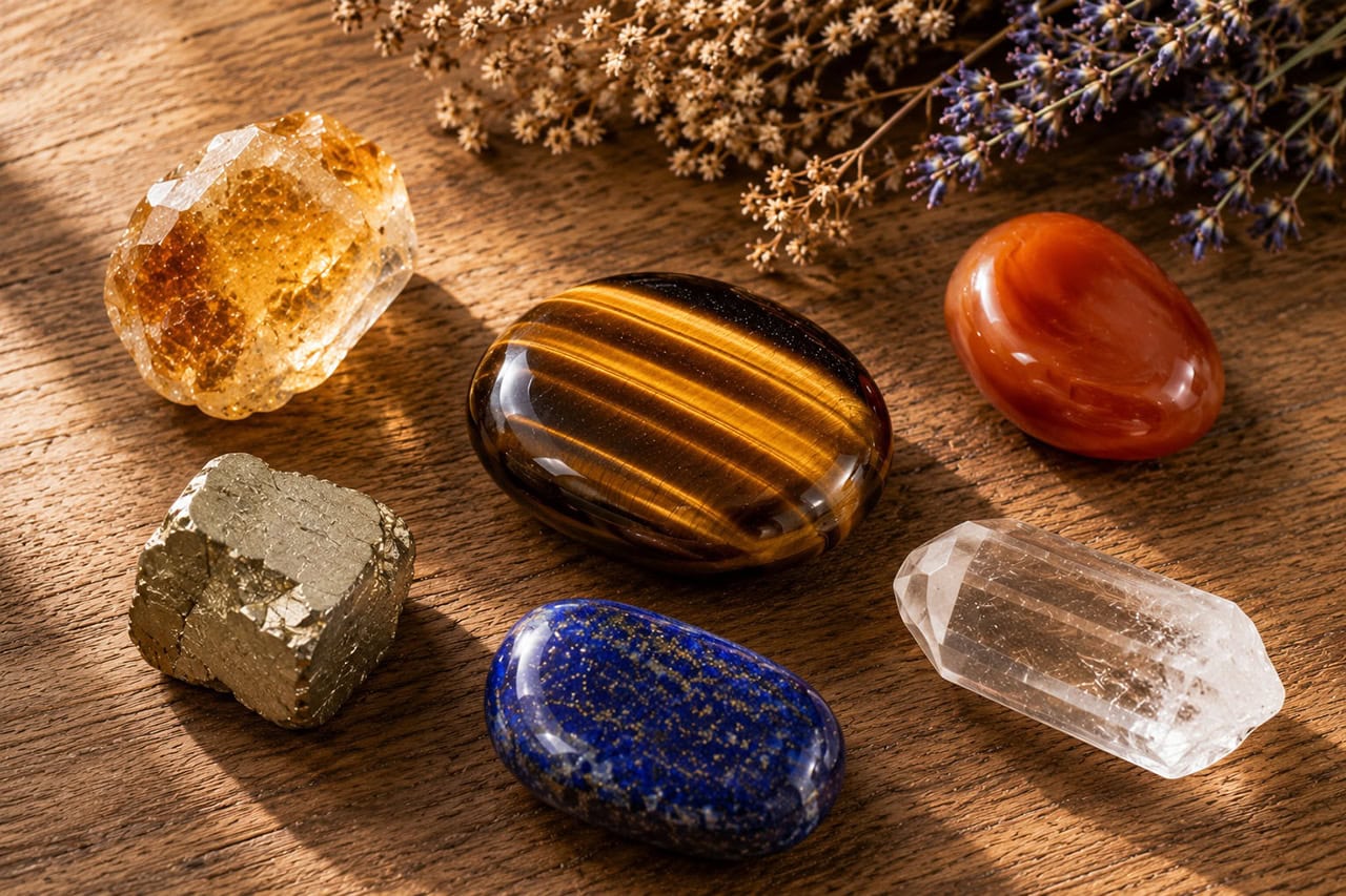 A Tiger'S Eye Palm Stone At Center Surrounded By Companion Crystals — Citrine, Carnelian, Pyrite, Lapis Lazuli, Clear Quartz — On A Warm Wooden Surface