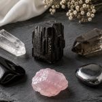 A raw black tourmaline at center surrounded by companion stones — clear quartz, smoky quartz, obsidian, rose quartz, hematite — on dark grey slate