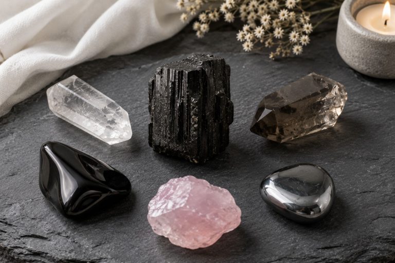 A raw black tourmaline at center surrounded by companion stones — clear quartz, smoky quartz, obsidian, rose quartz, hematite — on dark grey slate