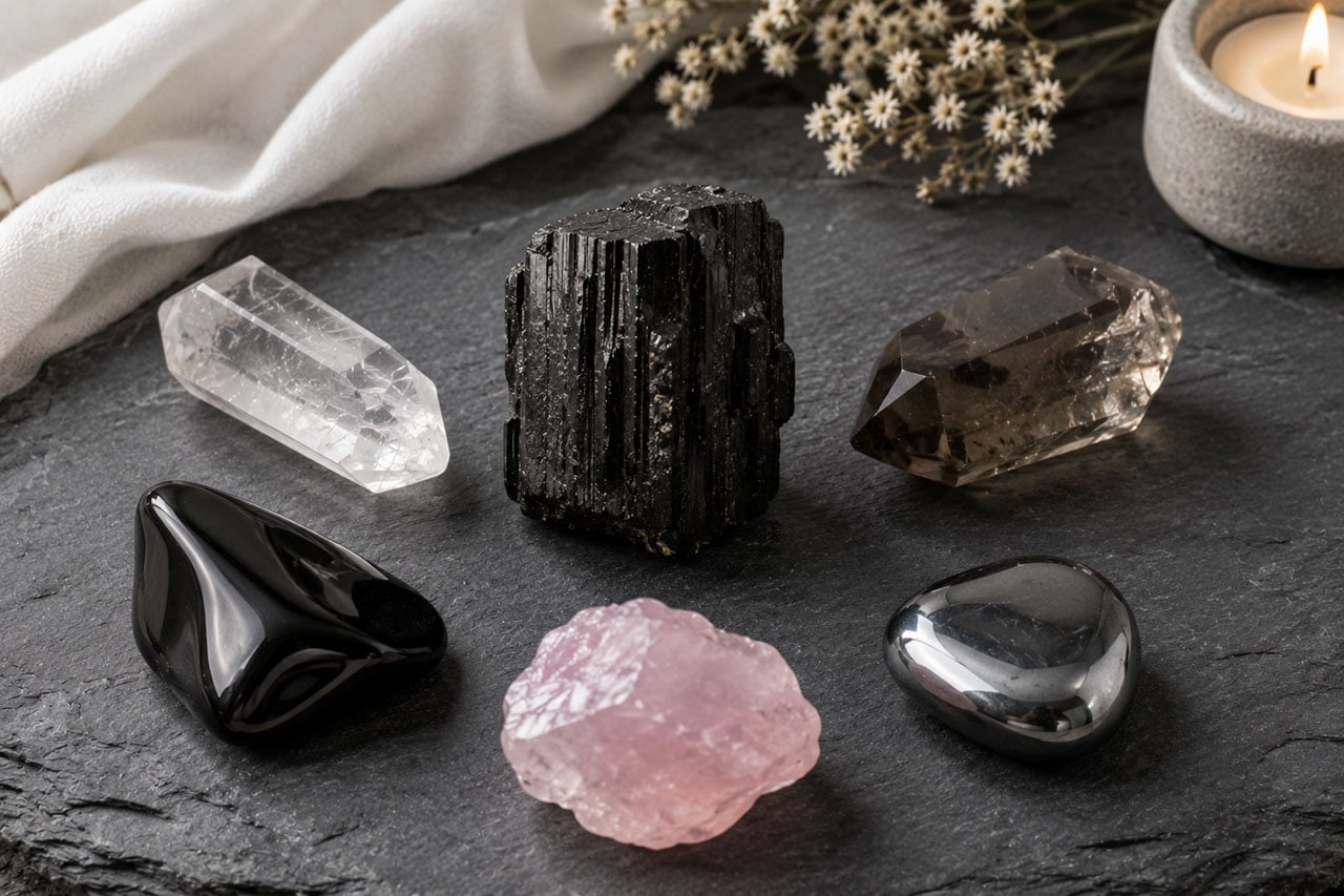 A Raw Black Tourmaline At Center Surrounded By Companion Stones — Clear Quartz, Smoky Quartz, Obsidian, Rose Quartz, Hematite — On Dark Grey Slate