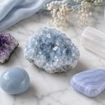 A pale blue celestite cluster at center surrounded by companion crystals — amethyst, selenite, angelite, blue lace agate