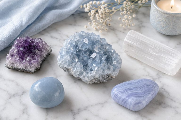 A pale blue celestite cluster at center surrounded by companion crystals — amethyst, selenite, angelite, blue lace agate