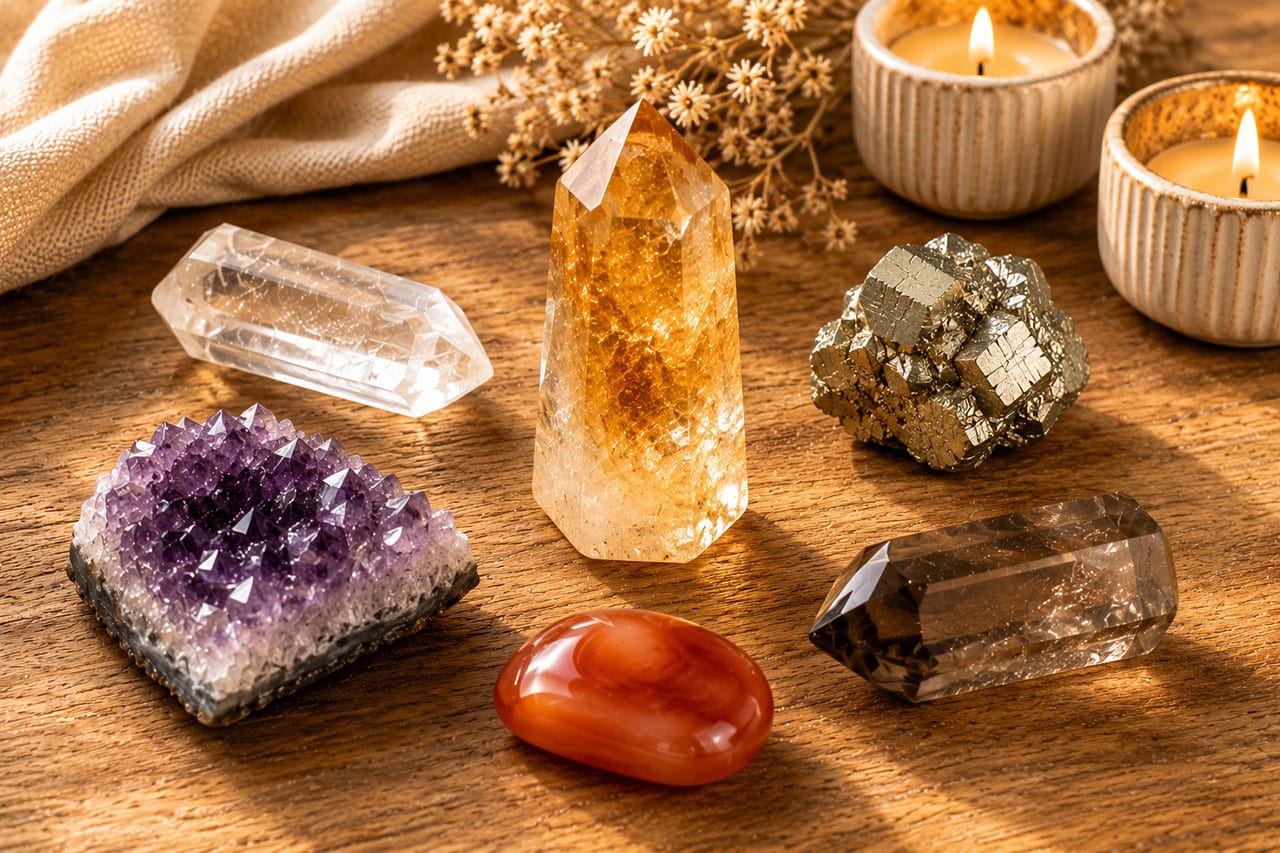 A Citrine Point At Center Surrounded By Companion Stones — Clear Quartz, Pyrite, Amethyst, Carnelian, Smoky Quartz — On A Warm Golden-Toned Wooden Surface