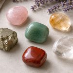 A tumbled green aventurine at center surrounded by companion stones — rose quartz, citrine, pyrite, clear quartz, red jasper — on a light neutral surface