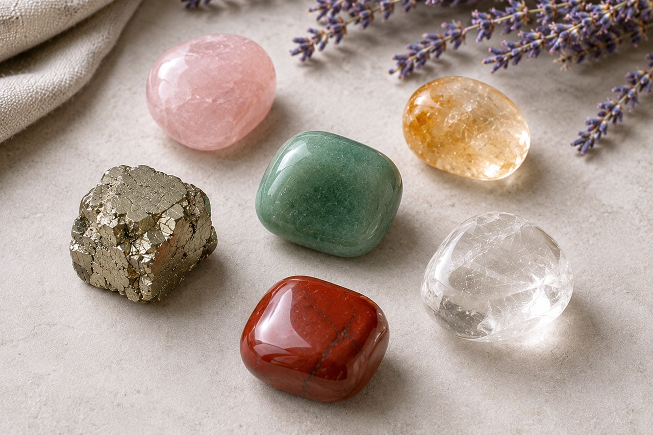 A Tumbled Green Aventurine At Center Surrounded By Companion Stones — Rose Quartz, Citrine, Pyrite, Clear Quartz, Red Jasper — On A Light Neutral Surface
