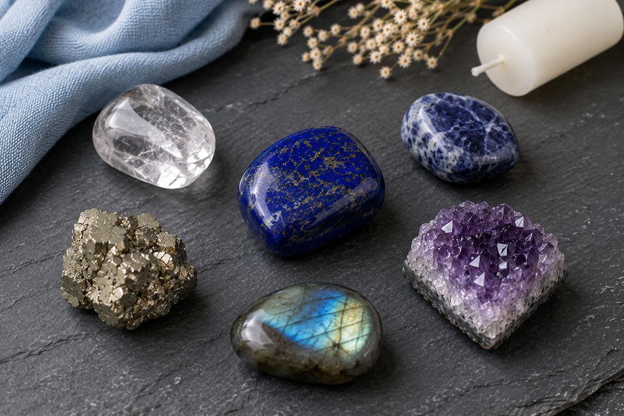 A Tumbled Lapis Lazuli At Center Surrounded By Companion Crystals — Clear Quartz, Sodalite, Amethyst, Labradorite, Pyrite — On Dark Grey Slate