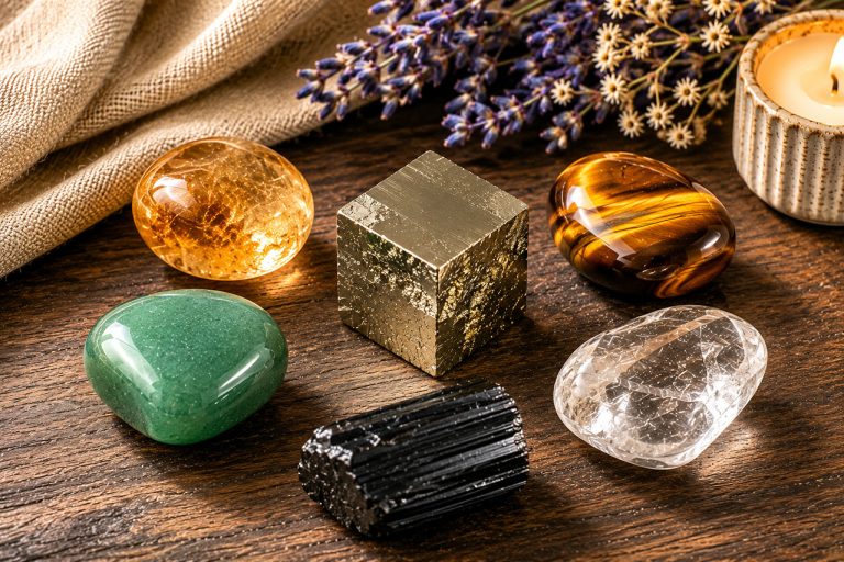 A pyrite cube at center surrounded by companion stones — citrine, tiger's eye, green aventurine, clear quartz, black tourmaline — on a dark wooden surface