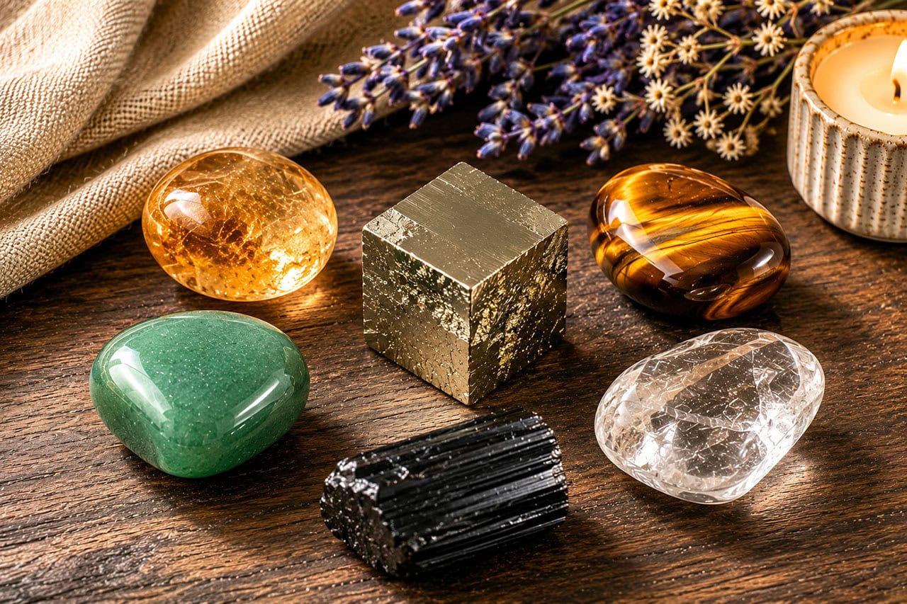 A Pyrite Cube At Center Surrounded By Companion Stones — Citrine, Tiger'S Eye, Green Aventurine, Clear Quartz, Black Tourmaline — On A Dark Wooden Surface