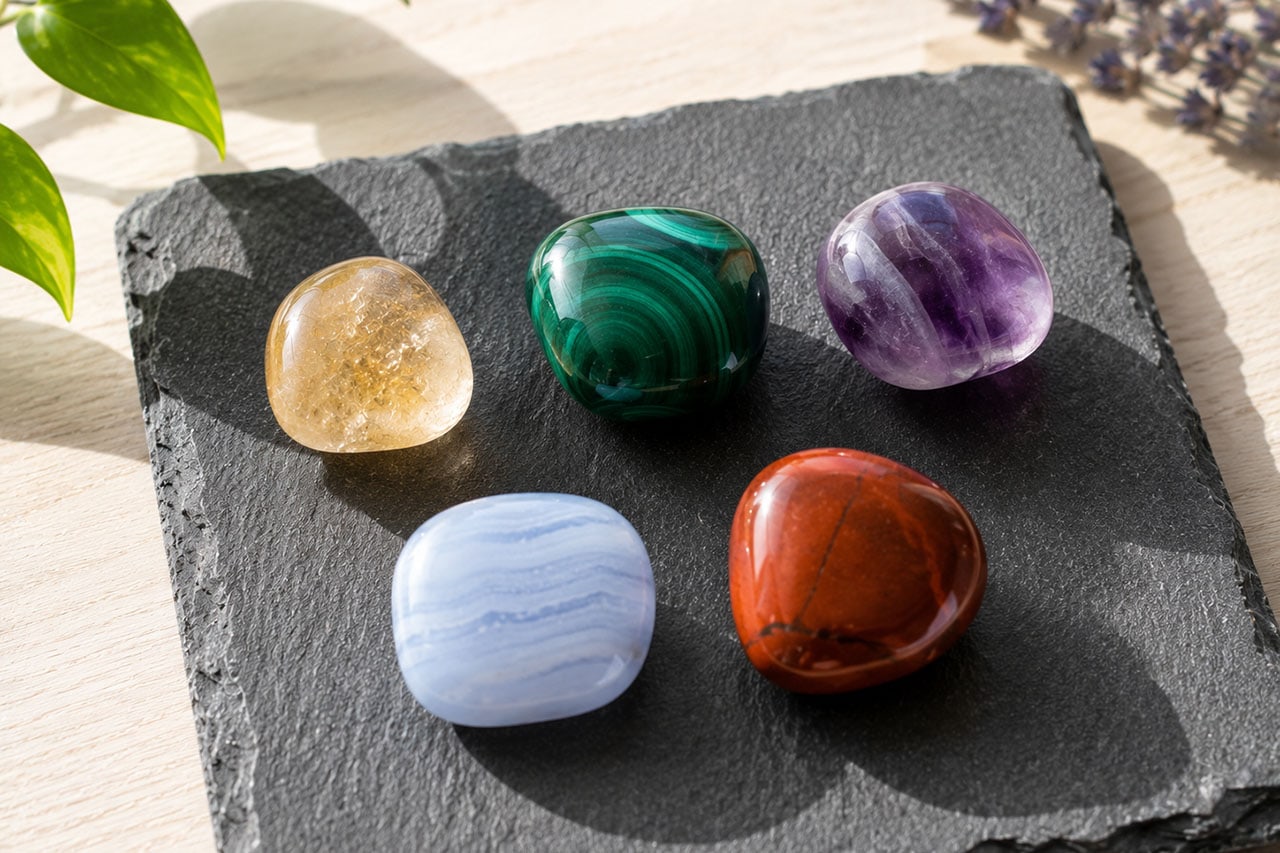 Colorful healing crystals on black slate for wellness and energy.