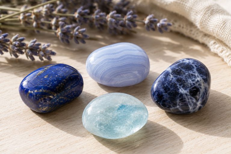 Beautiful collection of blue and white healing crystals on wooden surface.