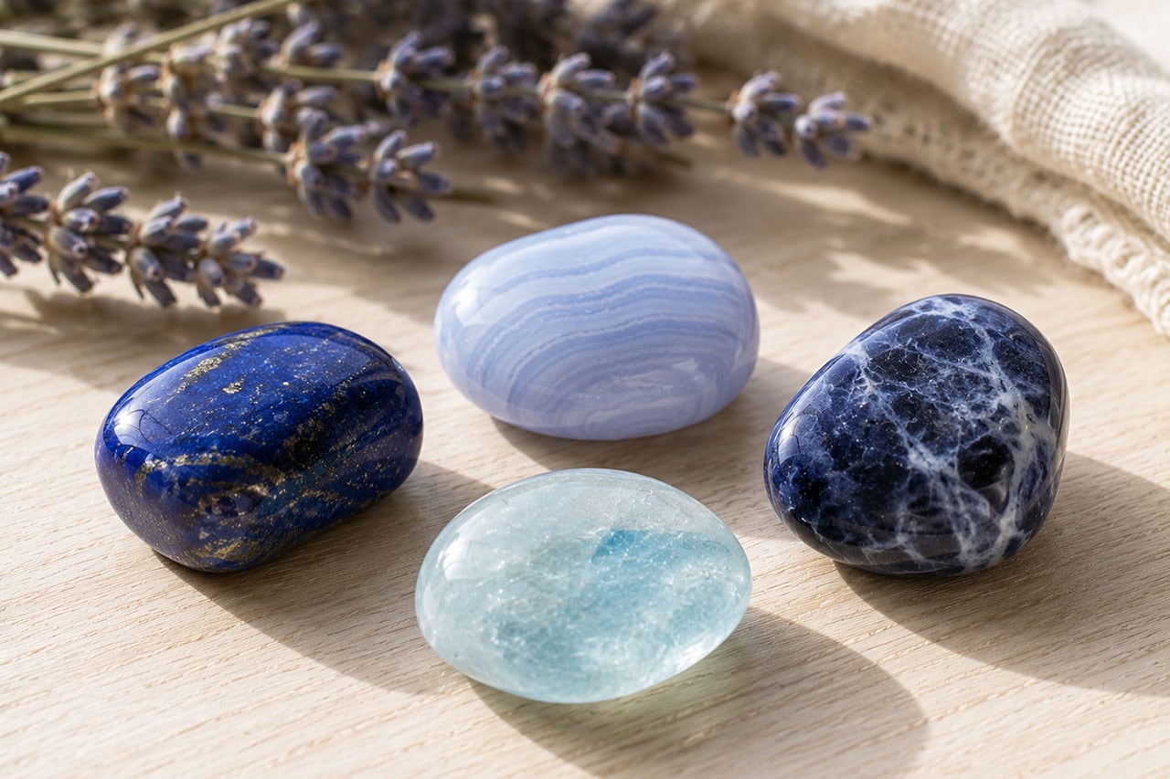Beautiful collection of blue and white healing crystals on wooden surface.