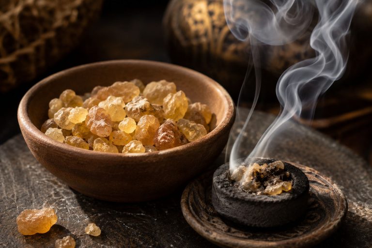 Healing crystals and copal incense for wellness and relaxation.