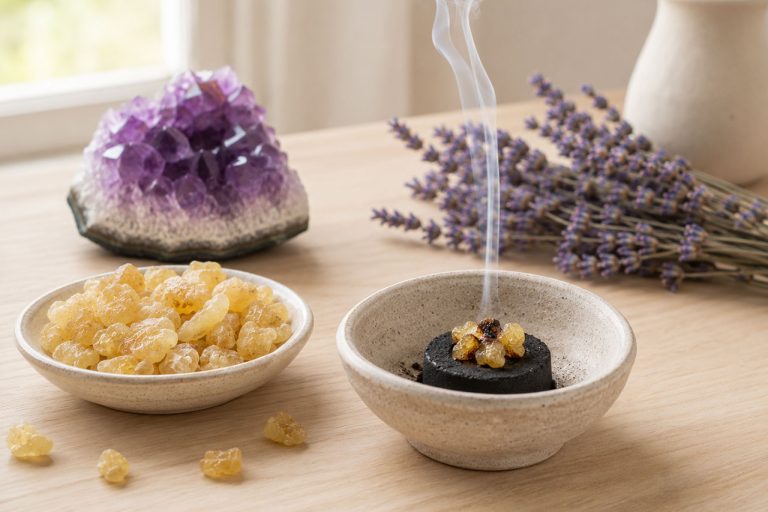 Aromatherapy incense burning with crystals and lavender on a wooden table.