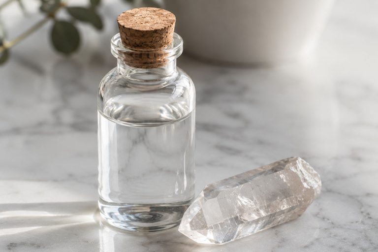 Clear quartz crystal and glass bottle of water on marble surface.