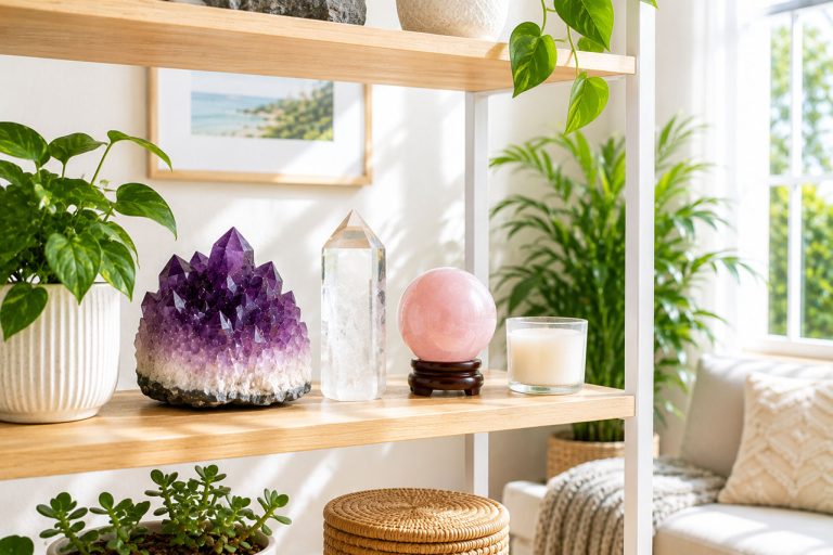 Bright living room shelf with an amethyst cluster, clear quartz point, rose quartz sphere, plants, and an unlit candle in warm afternoon sunlight