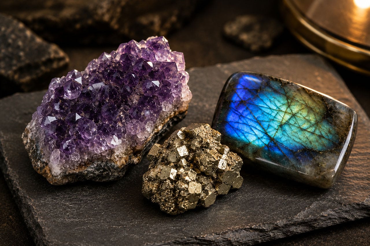 Amethyst Cluster, Raw Pyrite, And Flashing Labradorite On A Dark Slate Tile.