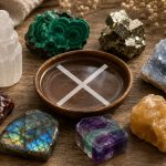 Water-sensitive crystals around a bowl of water on a wooden table with soft natural light