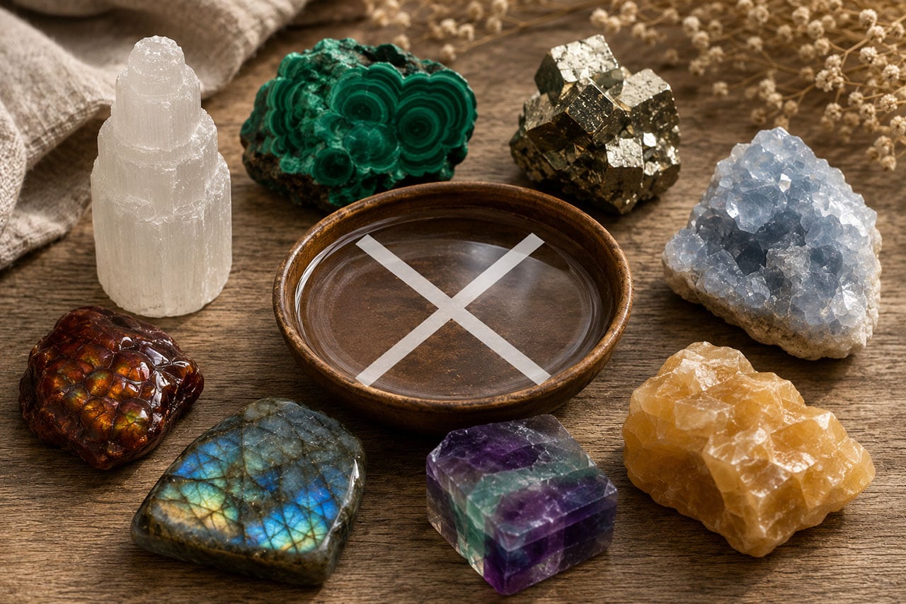 Water-Sensitive Crystals Around A Bowl Of Water On A Wooden Table With Soft Natural Light