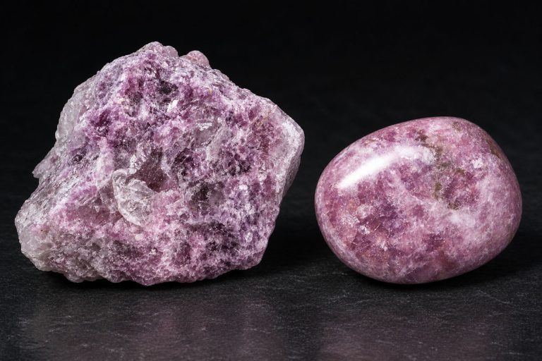 Raw And Tumbled Lepidolite Specimens Showing Pink-Violet Lithium Mica On A Dark Background