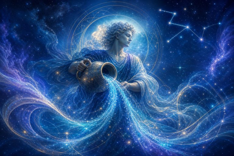 Zodiac Aquarius pouring water amidst stars and cosmic energy.