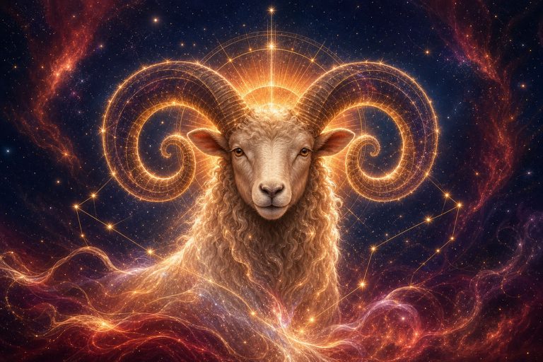 Zodiac Aries glowing horns and starry background.