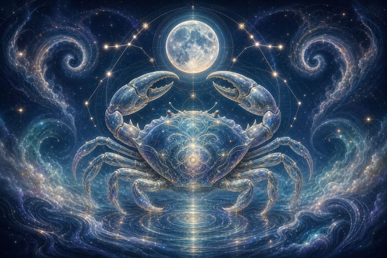 Zodiac Cancer with moon and swirling galaxy background.