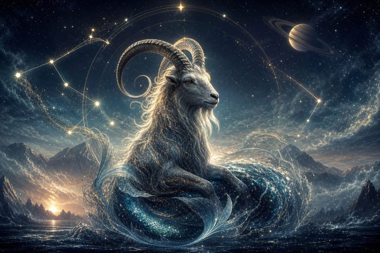 Zodiac Capricorn background and planets, celestial scene.