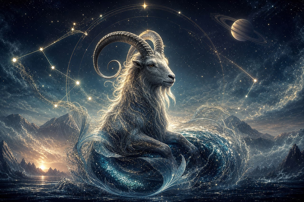 Zodiac Capricorn background and planets, celestial scene.