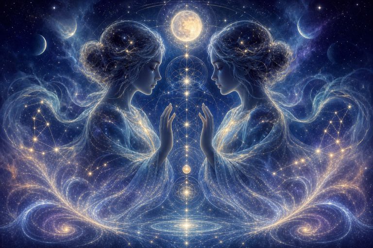 Zodiac Gemini with cosmic energy and star patterns in a mystical universe.