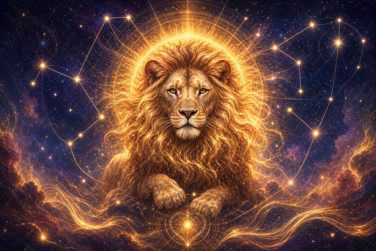Zodiac Leo with glowing mane surrounded by stars and nebulae.