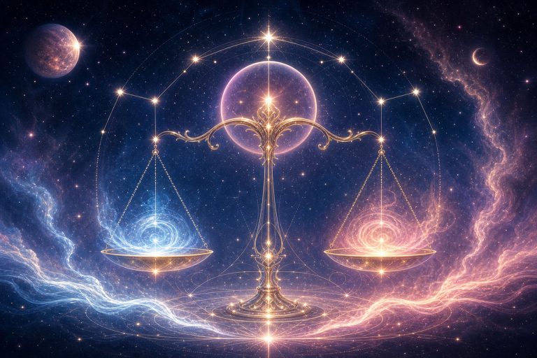 Zodiac Libra representing balance, spirituality, and universal harmony in space.