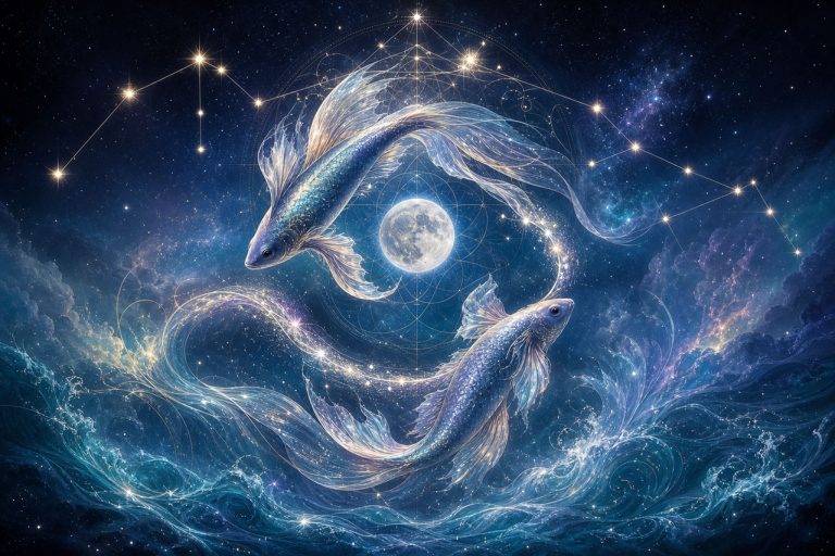 Zodiac Pisces swimming in a cosmic, starry water scene with the moon in the background.